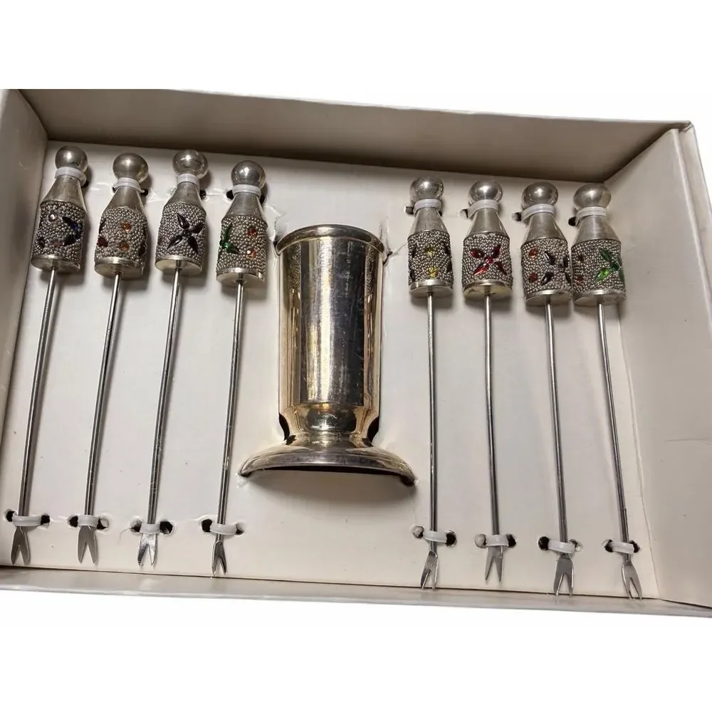 Pier 1 Imports Jeweled Hors d’Oeuvre Picks Set 8 Silver Plated w/ Holder